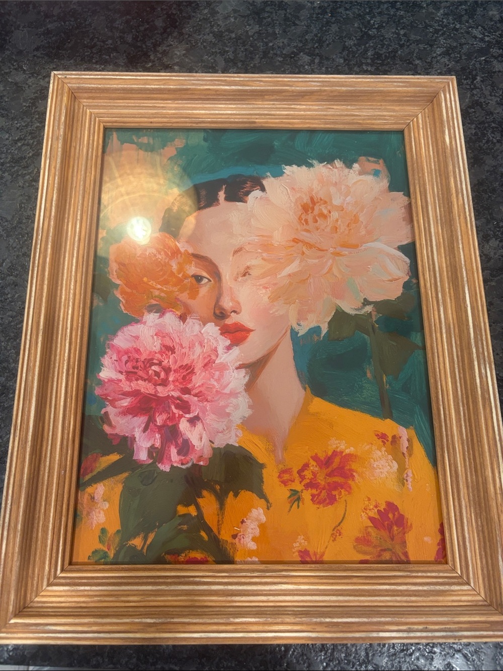 Floral Portrait Wall Art Print - Pink & Peach Blooms on Teal